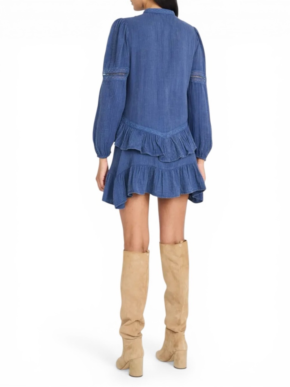 Free People Dress Women Blue Size M Long Sleeve Ruffle Lace Trim Mini NWT - Picture 5 of 8